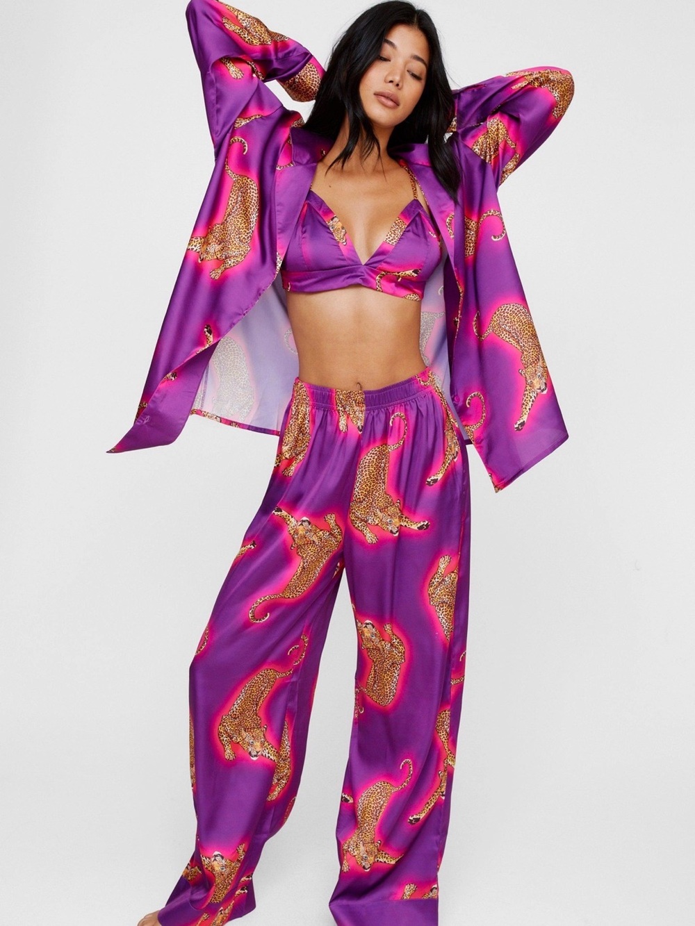 Nasty Gal Satin Leopard 3pc Shirt Bralette & Pants Pajama Set - SOLD OUT ONLINE